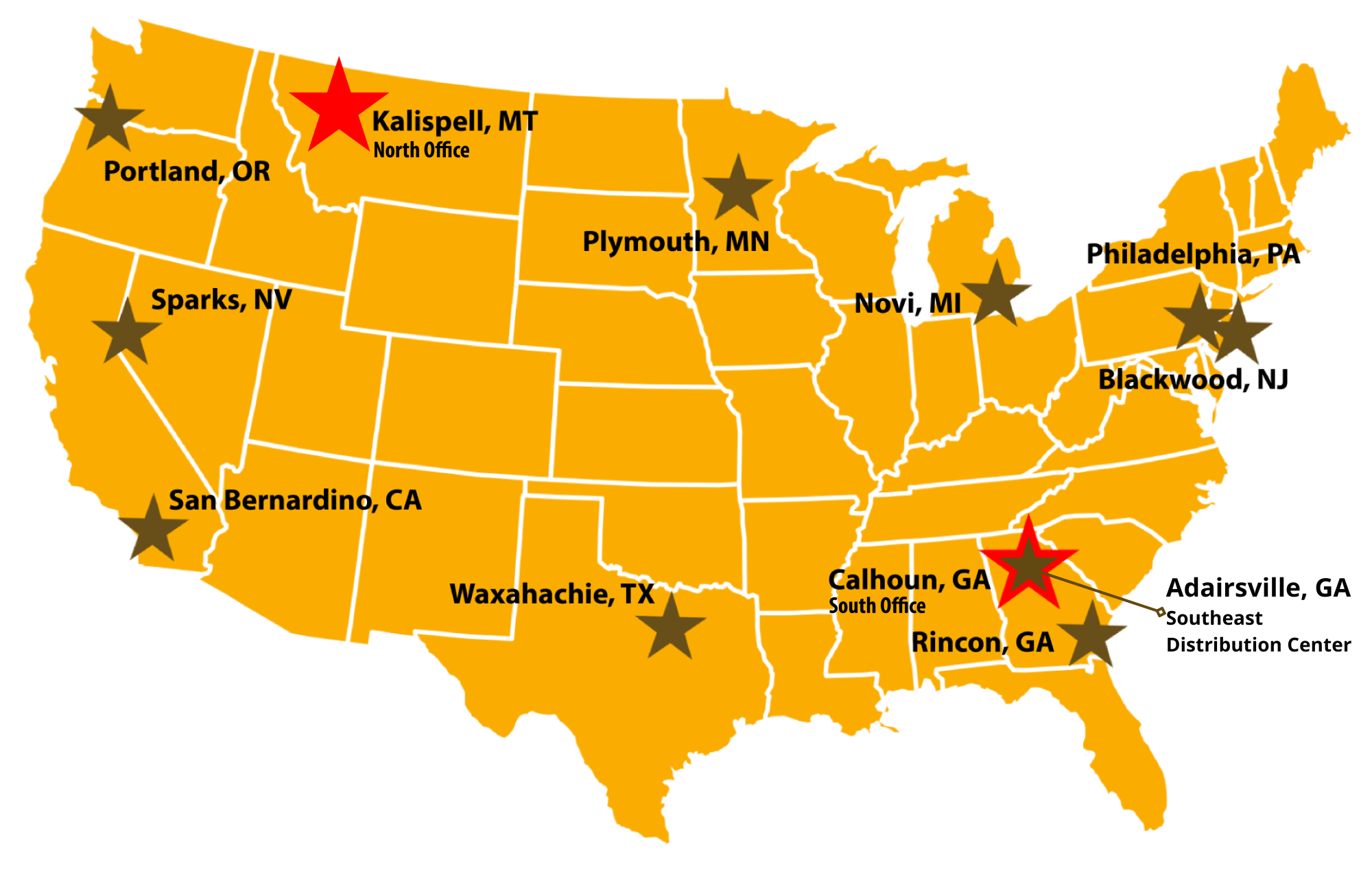 A map with the locations of Force Rubber Tracks warehouse locations and distribution centers in the United States