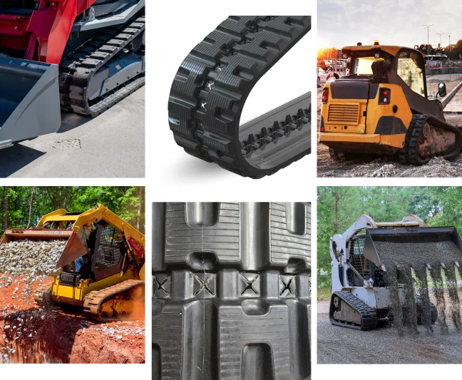 A six-image collage of track loaders, including close-ups of track systems and the loaders in use on construction sites moving dirt and gravel