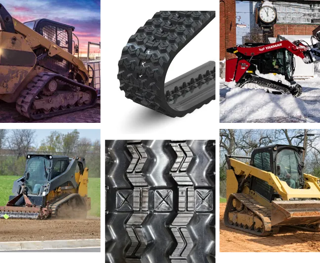 A six-photo collage of tracked construction vehicles.