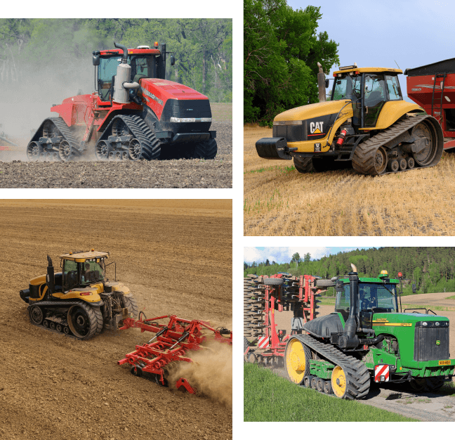 Compilation of four agricultural tractors in action on fields. They showcase various designs, emphasizing power and functionality amidst dynamic landscapes.