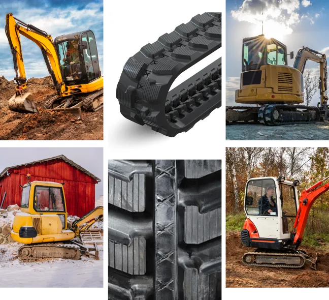 six-image collage of excavators and tracks